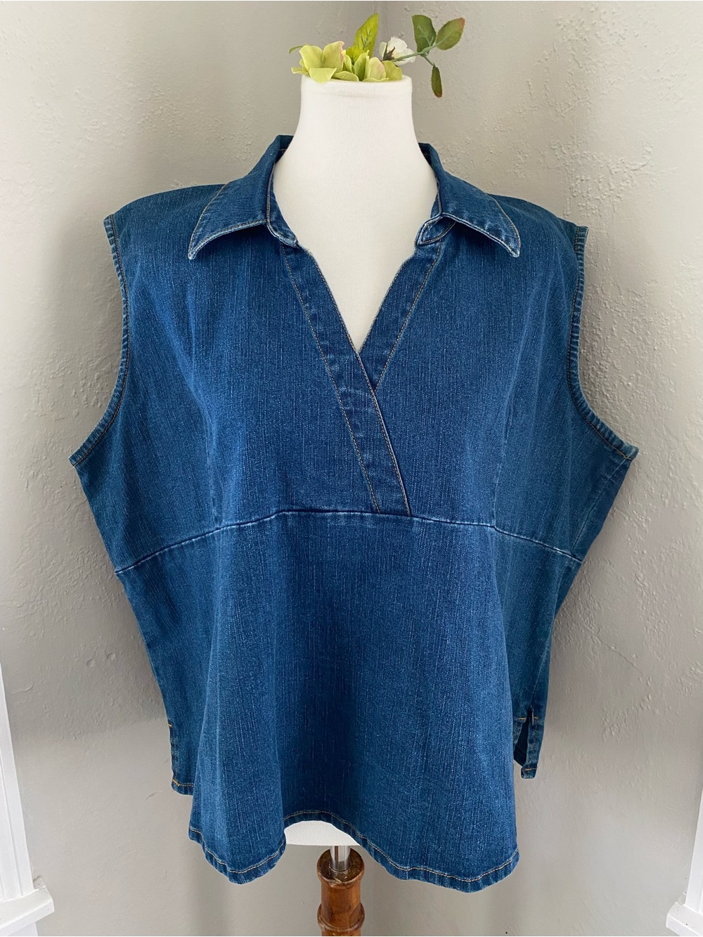 Sleeveless Dark Wash Denim Boxy Utilitarian Western Modern Layering V-Neck Top